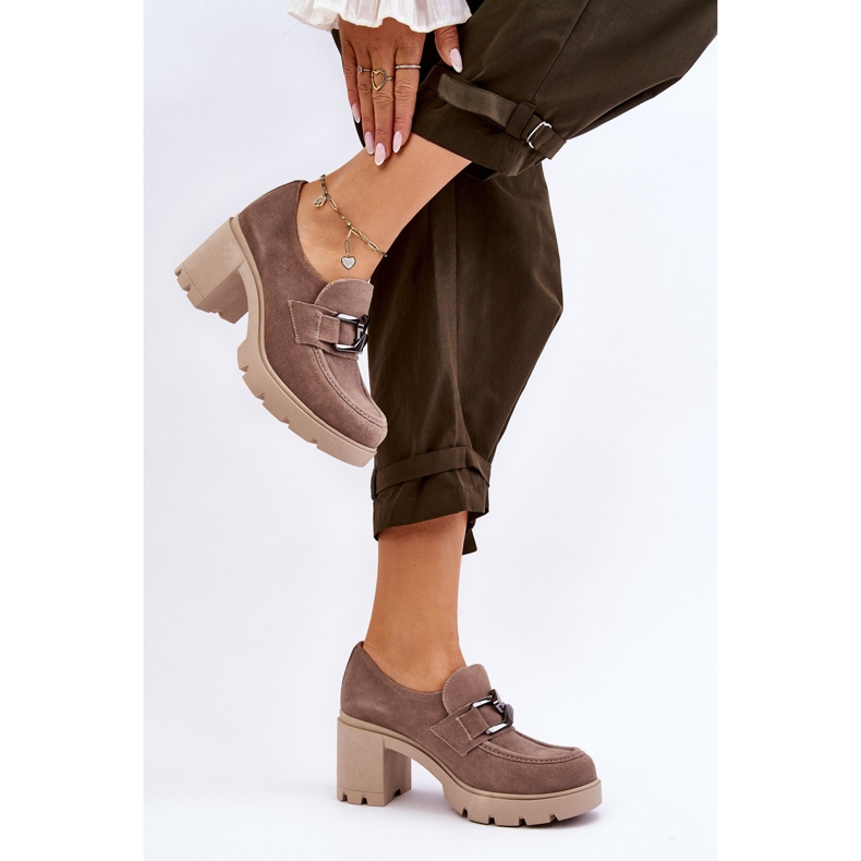 Lemar Eleganta brogues på häl med mörksilverbeige harmelldekoration 2