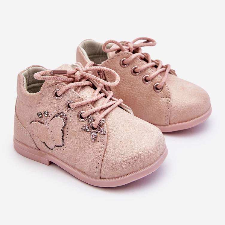 Läderstövlar snörning med en fjäril Rosa Avi 1