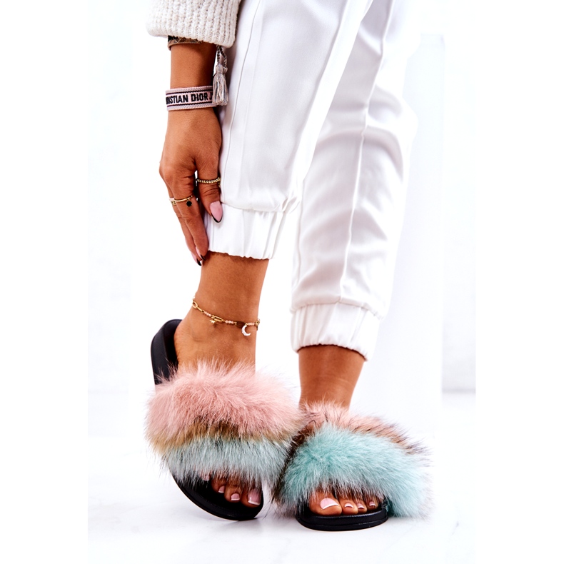 FM1 Tofflor Med Naturlig Päls Rosa-Grön Naturis mångfärgad 2