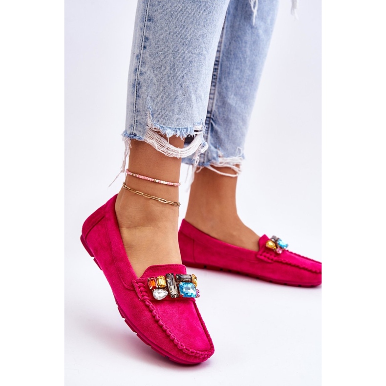 Loafers i mocka för kvinnor med kristaller Fuchsia Lucille rosa 2