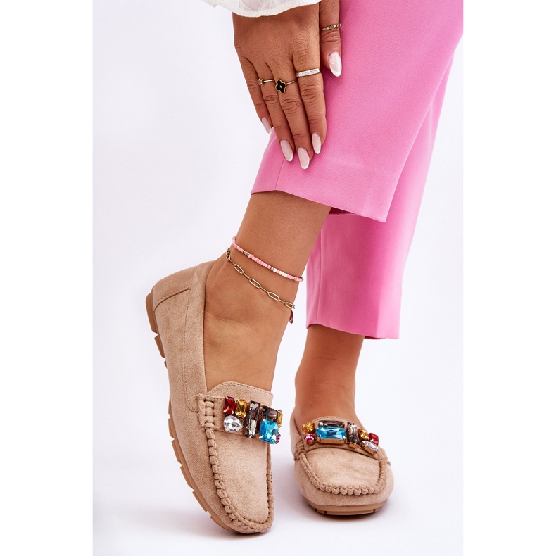 Loafers i mocka för kvinnor med kristaller Beige Lucille 1