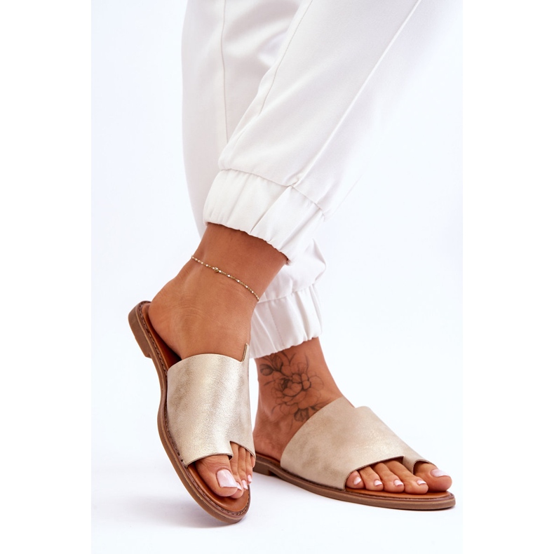 Evento Flip Flops i läder för kvinnor Ljusguld Amite gyllene 2