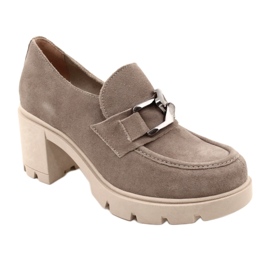 Lemar Eleganta brogues på häl med mörksilverbeige harmelldekoration 2