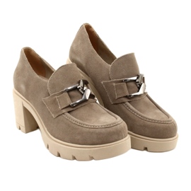 Lemar Eleganta brogues på häl med mörksilverbeige harmelldekoration 6