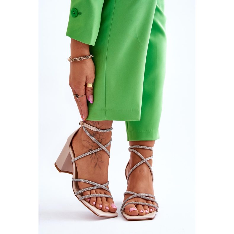 FJ1 Kvinnors lädersandaler med Cubic Zirconia klackar Beige Liviano brun 1