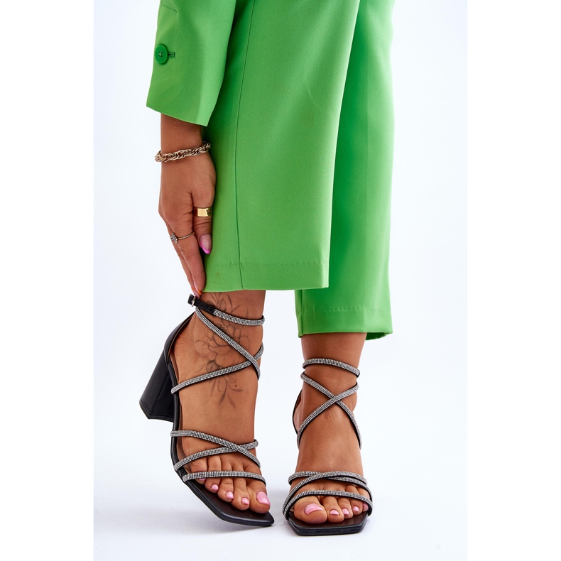 FJ1 Kvinnors lädersandaler med Cubic Zirconia Högklackat Svart Liviano 1