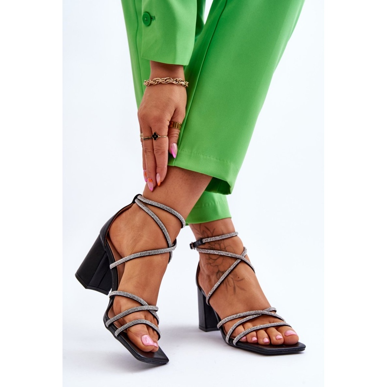 FJ1 Kvinnors lädersandaler med Cubic Zirconia Högklackat Svart Liviano 2