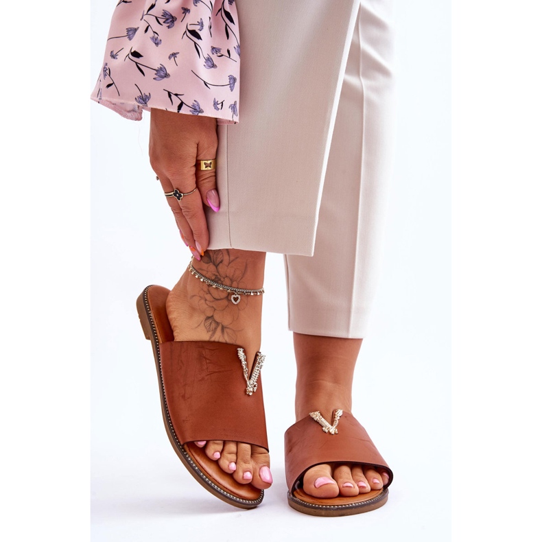 FJ1 Klassiska kamel Bertha utsmyckade tofflor för kvinnor brun 1