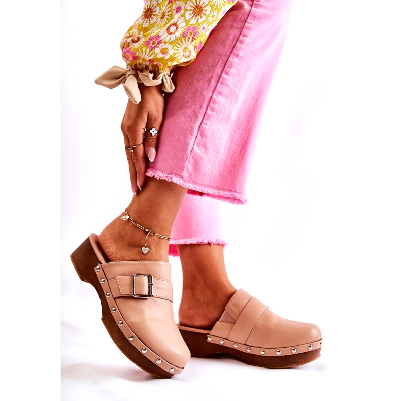 Beige högklackade träskor för kvinnor med strass 4