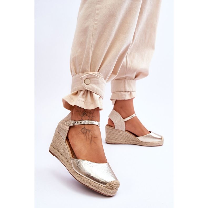 Läder Wedge Sandaler Espadrilles Guld Cammer gyllene 2