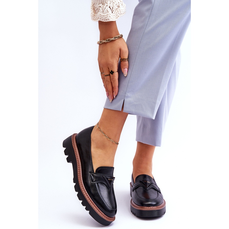 Vinceza Kvinnors läder loafers på plattformen med dekoration svart Jonett 1