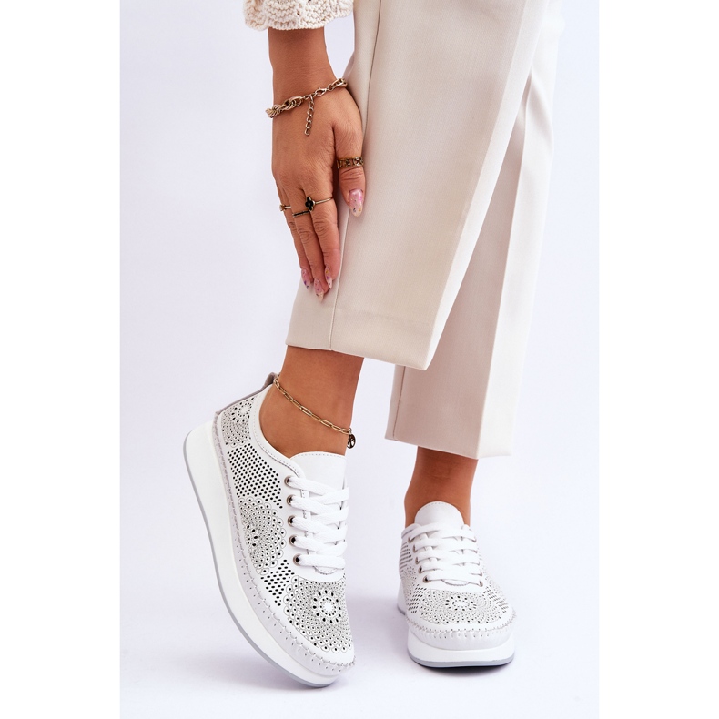 Vinceza Dam genombrutna sportskor i läder Vit Marea 1