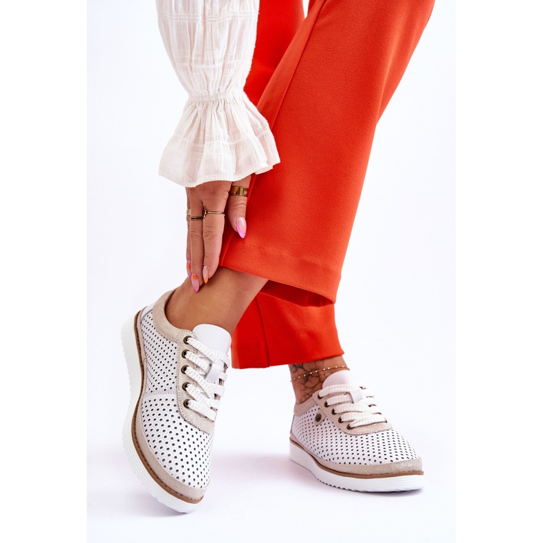 S.Barski Fashionabla genombrutna sportskor i läder Vit och guld Cantare 2