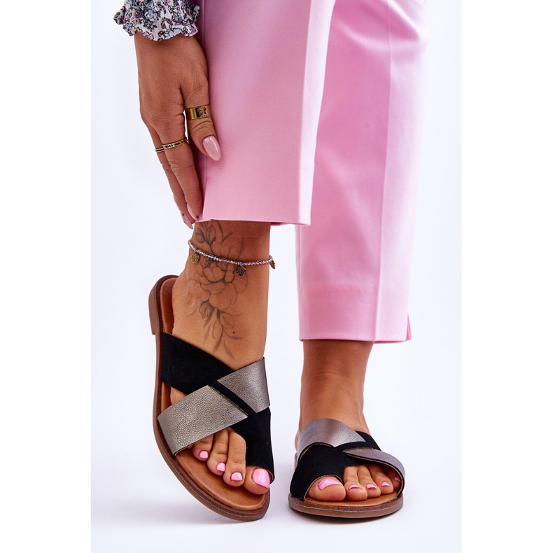 Klassiska lädertofflor för kvinnor, svart platina Nancy 1