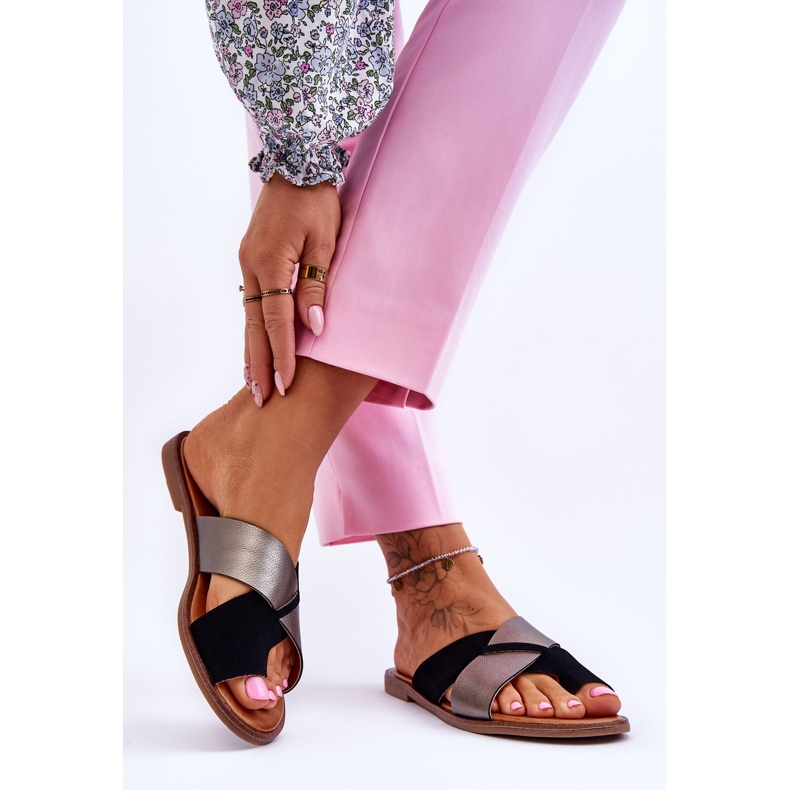 Klassiska lädertofflor för kvinnor, svart platina Nancy 2