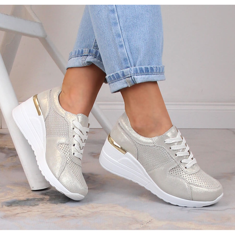 Läder bekväma kilskor guld S.Barski LR29525 gyllene 1