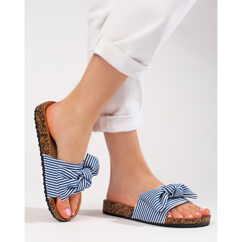 Randiga tofflor för kvinnor vit blå Vinceza 2