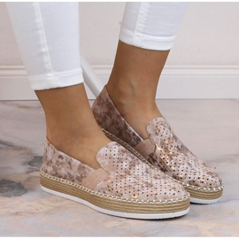 Bekväma kvinnor genombrutna rosa guld slip-on skor Rieker L7852-31 gyllene 2