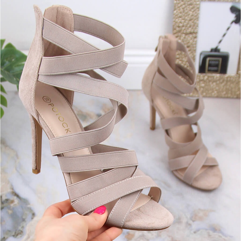 Damsandaler med hög klack i beige mocka Potocki LE20016 1