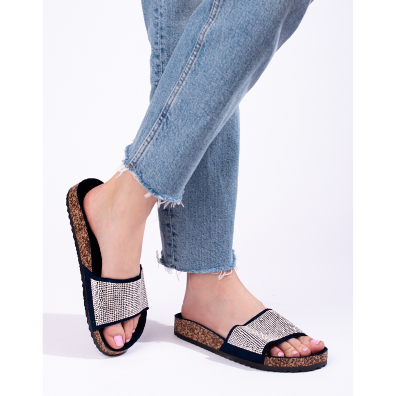 Marinblå Shelovet kork flip-flops med zirkoner 2