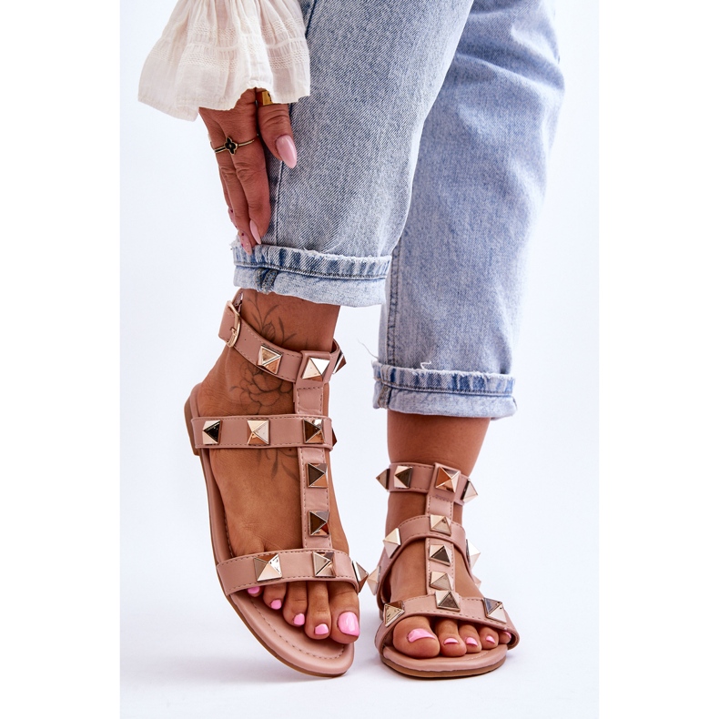 Lädersandaler för kvinnor med stora dubbar Naken Mishigan rosa 1