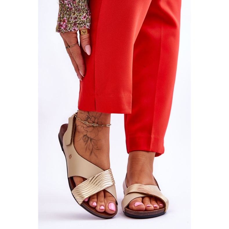 Lemar Guld Och Beige Addison Kardborre Lädersandaler 1