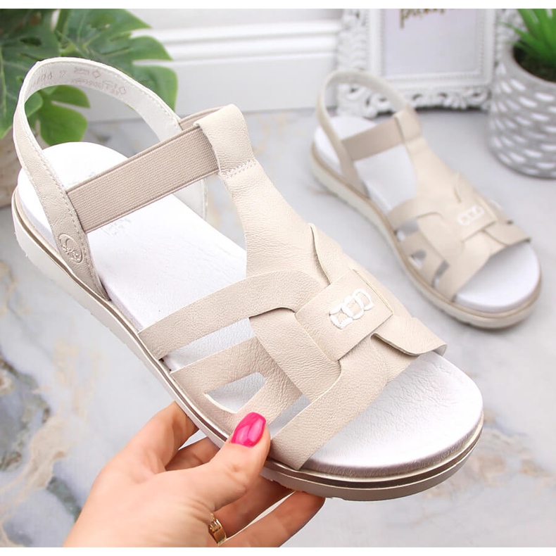 Bekväma slip-on sandaler för kvinnor med elastisk ecru Rieker V5052-80 beige 2