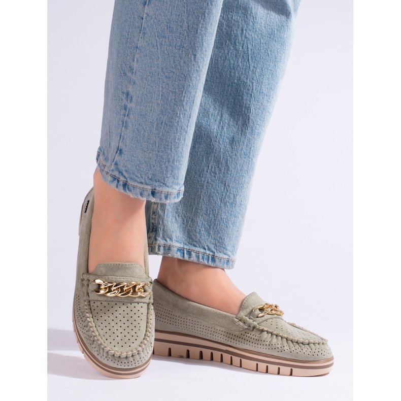 Gröna loafers i genombruten mocka för kvinnor från Shelovet 1