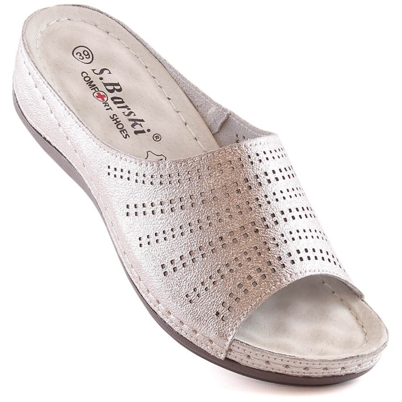 Kvinnors bekväma lädertofflor på kilen rosa guld S.Barski BN292 gyllene 1