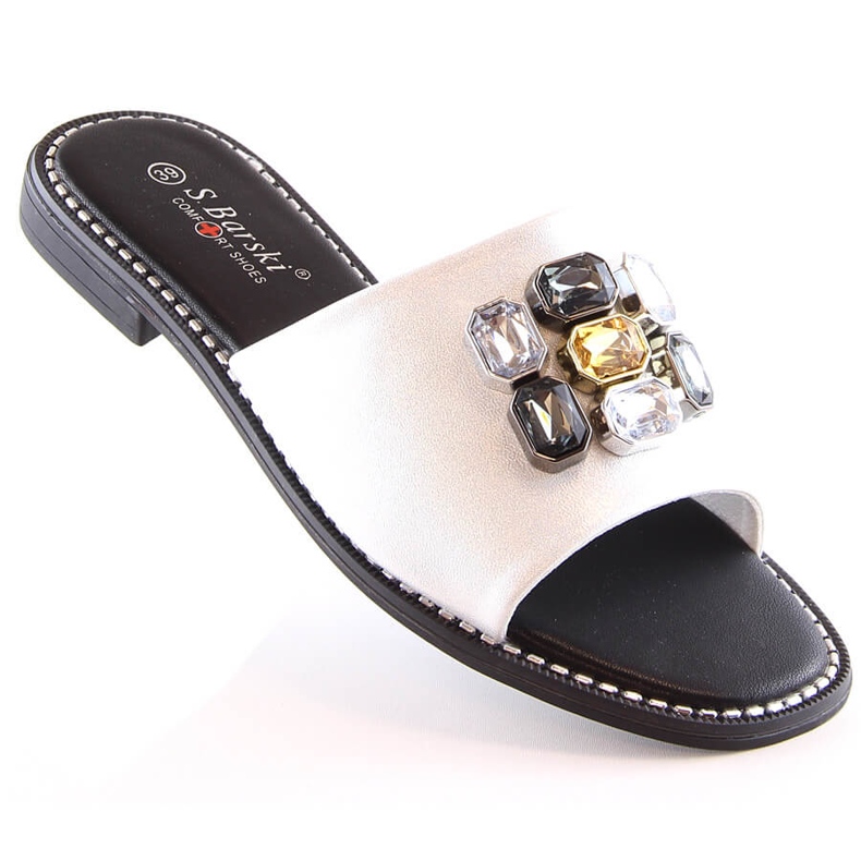 Platta bekväma vita tofflor för kvinnor med zirkoner S.Barski Kv 2775-31 2