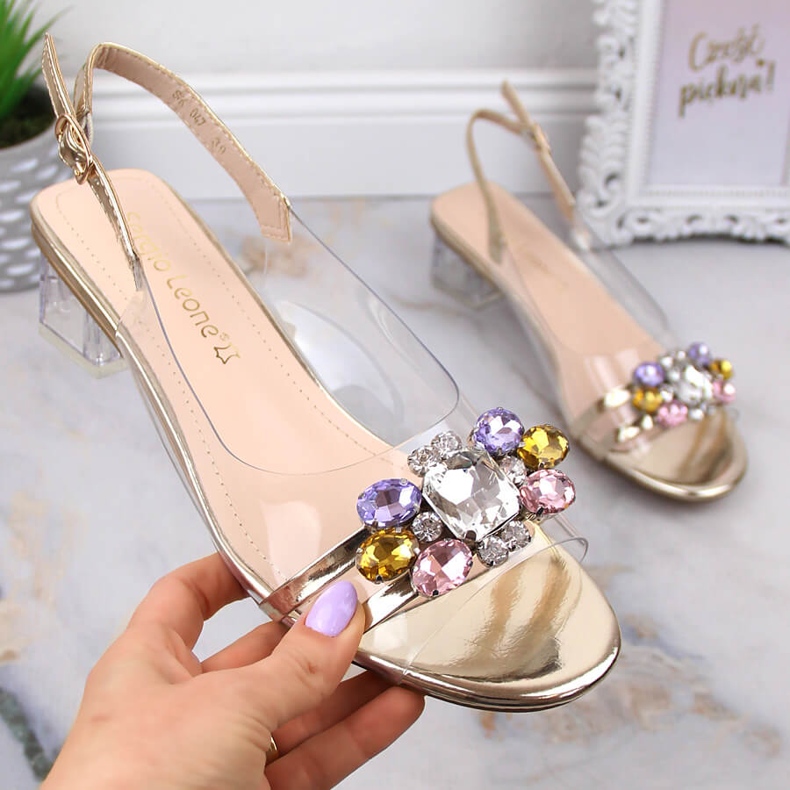 Transparenta sandaler på låg klack med gyllene kristaller Sergio Leone SK047 1