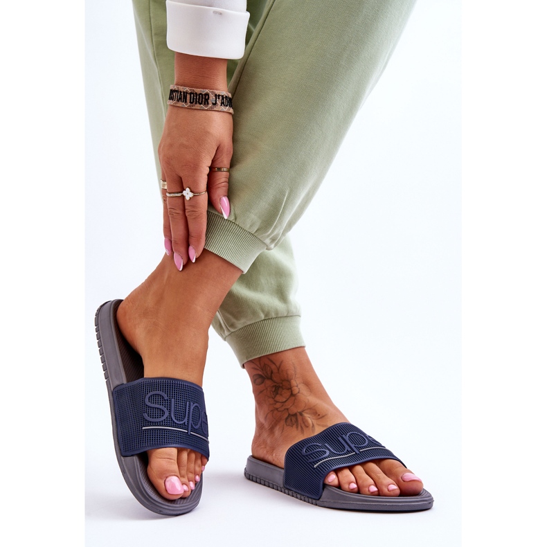 Lätta damtofflor med maringrå glad inskription blå 2