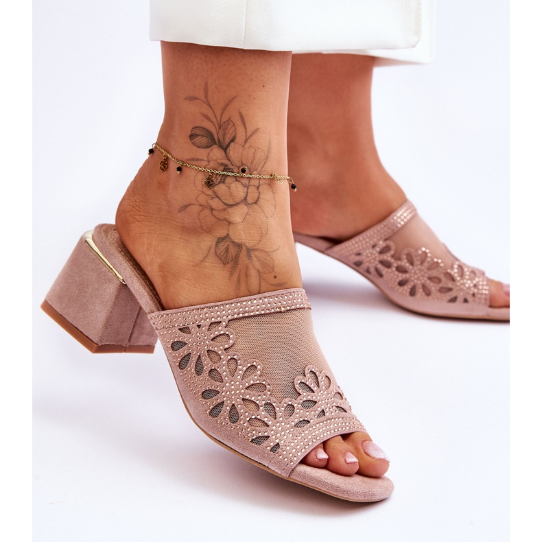 Tofflor med klackar med mesh S.Barski KV-612-1 Naken beige 2