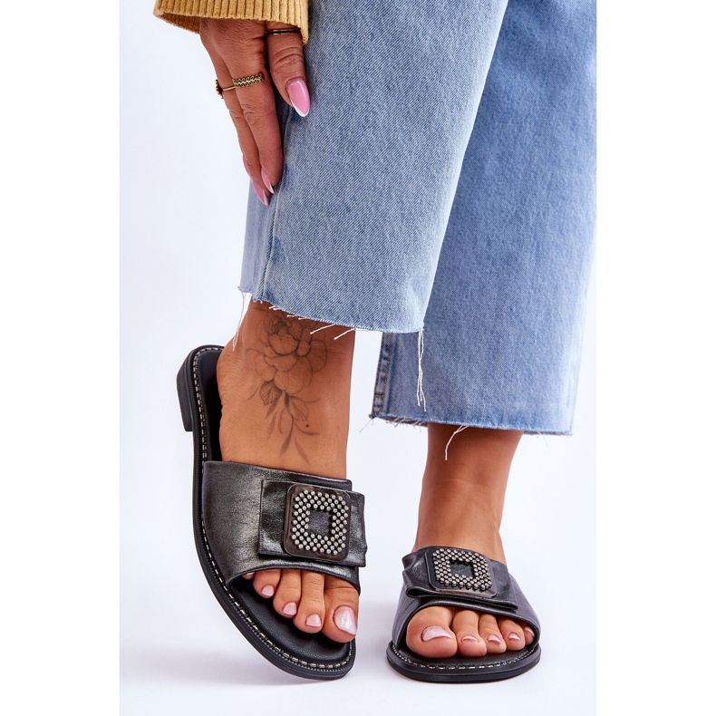 Lädertofflor för damer med strass S.Barski KV-2775-33 Mörk silver 1