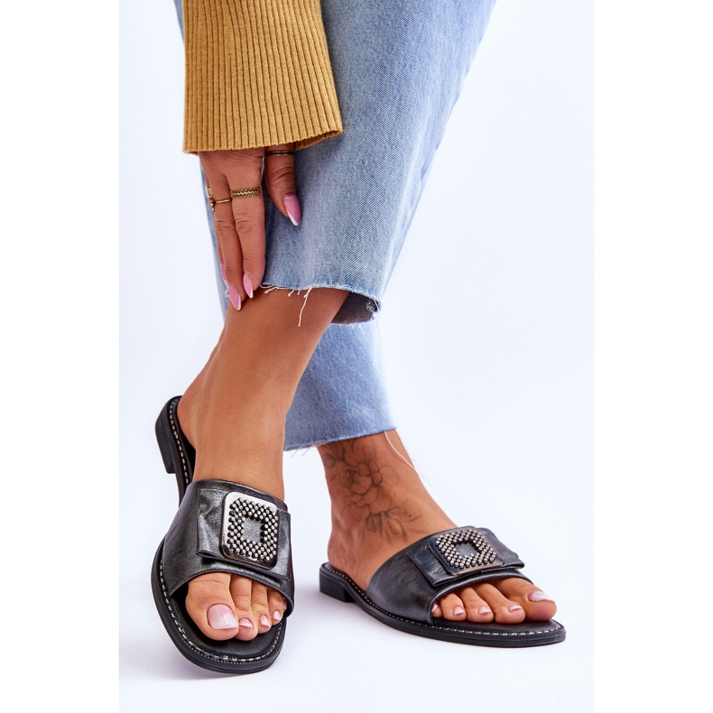 Lädertofflor för damer med strass S.Barski KV-2775-33 Mörk silver silver- 2