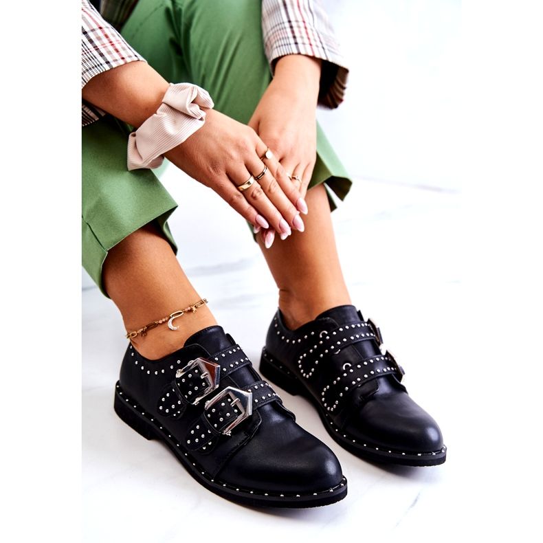 LU BOO Kvinnors eko-läderskor med spännen och dubbar svarta 3