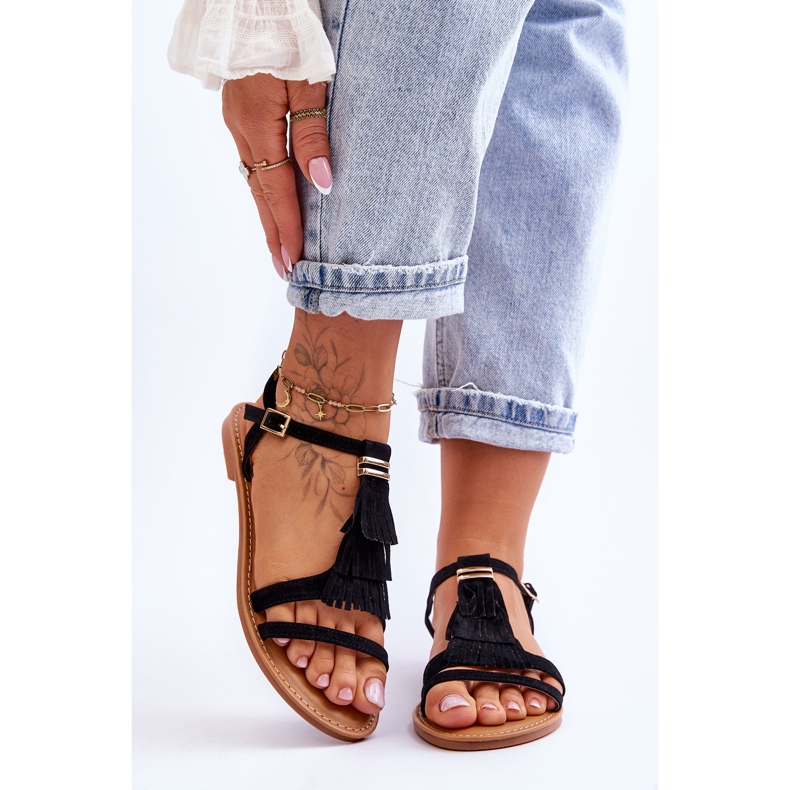 FRJ Sandaler för kvinnor Flat Suede Boho Black Lucami svart 1