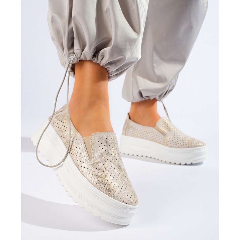 Kvinnors läder slip on guld skor Shelovet gyllene 2