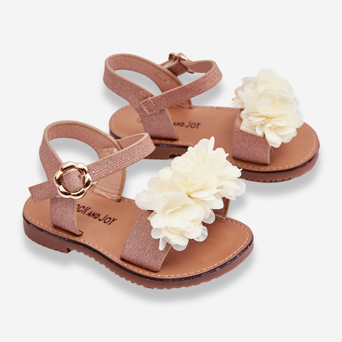 Fashionabla barnsandaler med beige-gyldna polyblommor 2