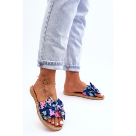 FK1 Kvinnors tofflor med tyg rosett Marinblå blomma 1