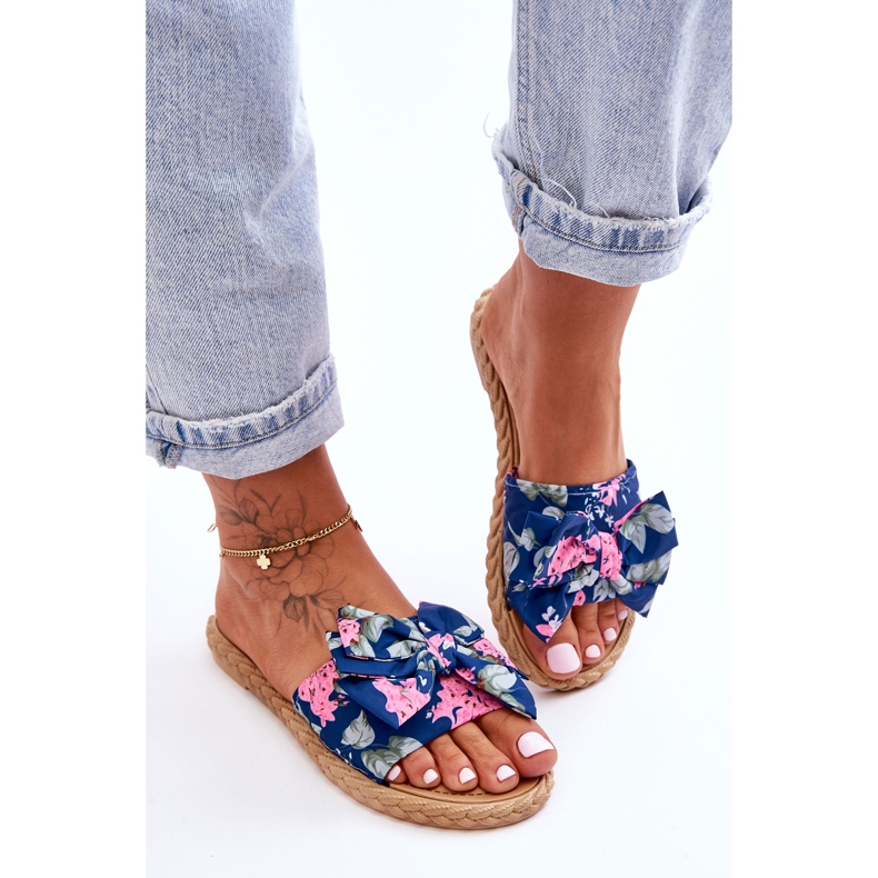 FK1 Kvinnors tofflor med tyg rosett Marinblå blomma 2